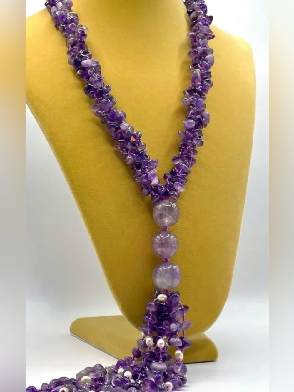 Vintage JJ Jonette Amethyst, Fluorine Gemstone Tassel Necklace